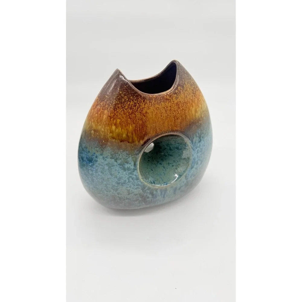 Vintage Ceramic Vase Decoration Piece 8.5 Inches Tall In Brown & Blue Distressed
